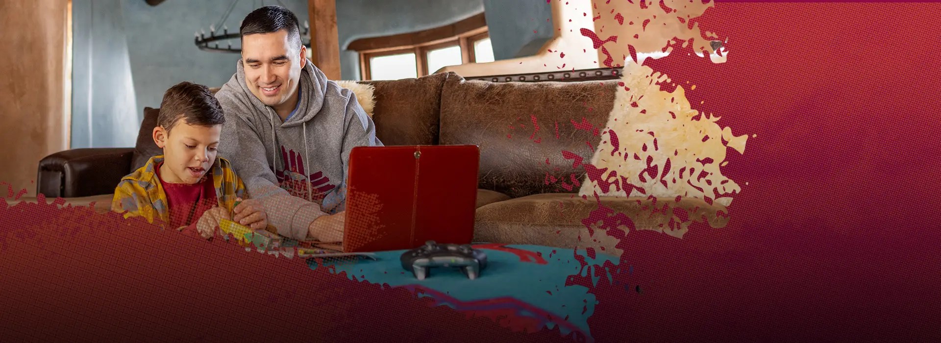 a person and a boy looking at a laptop